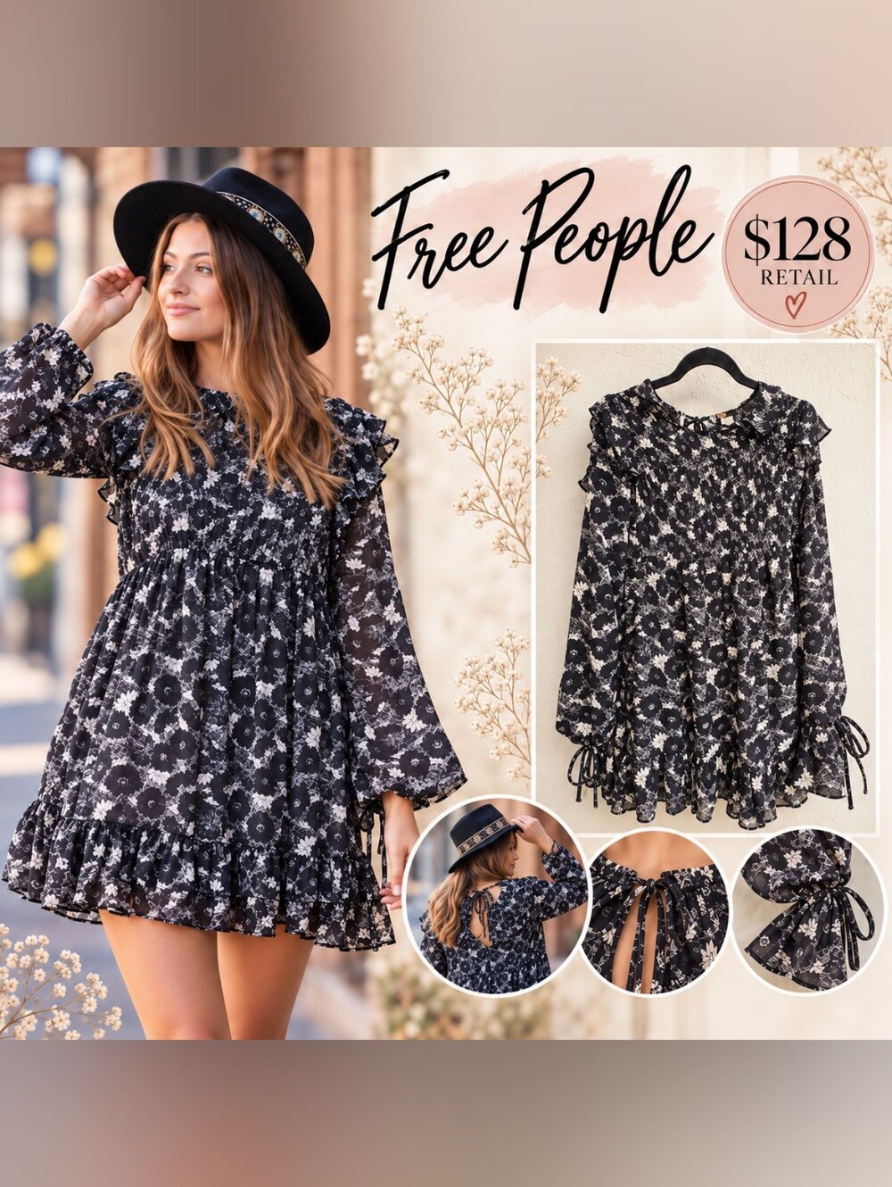 Free People These Dreams Mini Dress Black White Floral Ruffle Boho Xs BZ